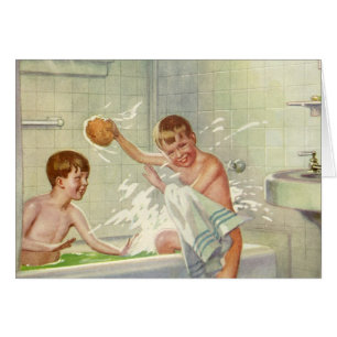 Vintage Brothers, Children, Boys Splashing in Tub,