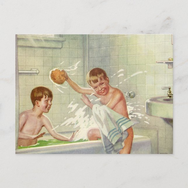 Vintage Brothers, Children, Boys Splashing in Tub, Postcard (Front)