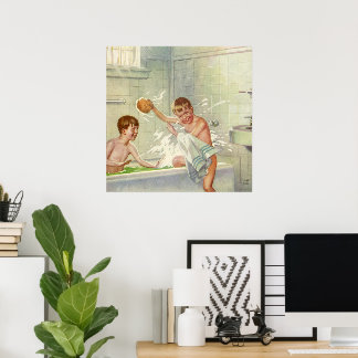 Vintage Brothers, Children, Boys Splashing in Tub, Poster