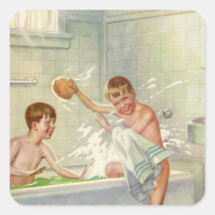 Vintage Brothers, Children, Boys Splashing in Tub, Square Sticker