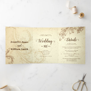 Vintage brown and beige scroll leaf wedding Tri-Fold invitation