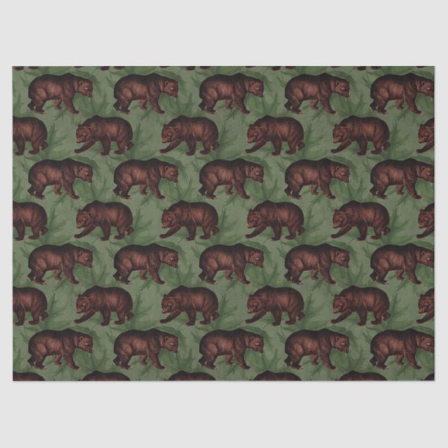 Vintage Brown Bears on Green Decoupage Tissue Paper (Front)