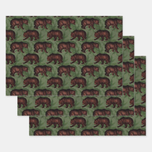 Vintage Brown Bears on Green Wrapping Paper Sheet