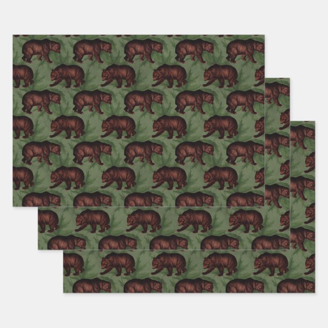 Vintage Brown Bears on Green Wrapping Paper Sheet (Set)