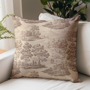 Vintage Brown Beige Country Toile de Jouy Pattern Cushion