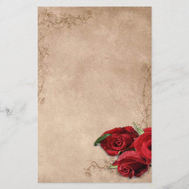 Vintage Brown Beige Rose Stationery (Front)