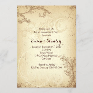 Vintage brown beige scroll leaf engagement party invitation