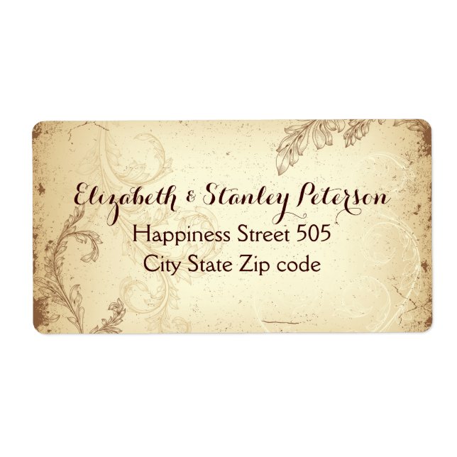 Vintage brown beige scroll leaf wedding label (Front)