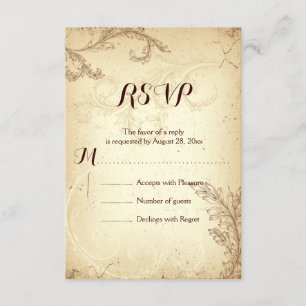 Vintage brown beige scroll leaf wedding RSVP Card
