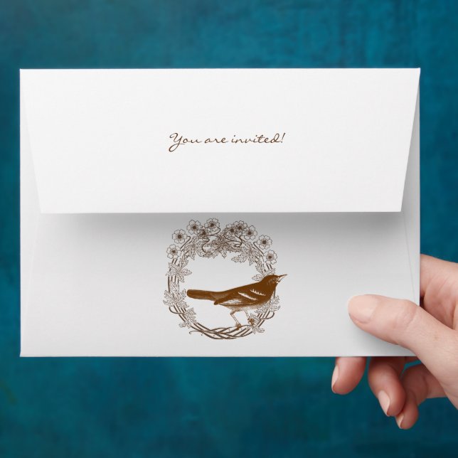 Vintage Brown Bird Wreath Wedding Envelopes (Hand)