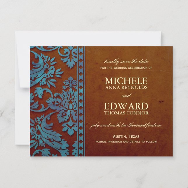 Vintage Brown & Blue Damask Lace Save the Date (Front)