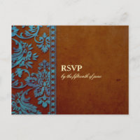 Vintage Brown & Blue Damask Lace Wedding RSVP