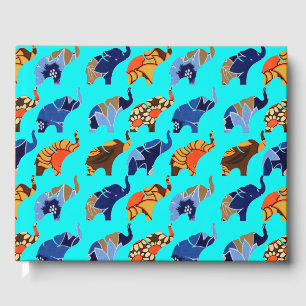 Vintage Brown & Blue Floral Print Elephants Guest Book