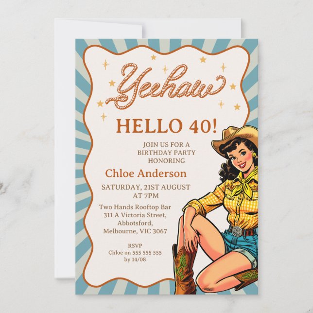 Vintage Brown Blue Western Cowgirl 40th Birthday Invitation (Front)