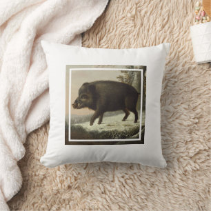 Vintage Brown Boar Hunting Painting, Wildlife Art Cushion