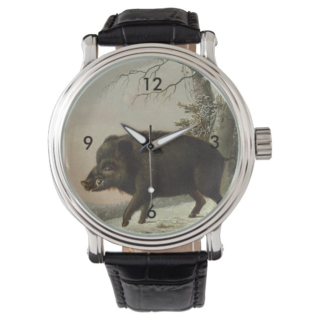 Vintage Brown Boar Hunting Painting, Wildlife Art Watch (Front)