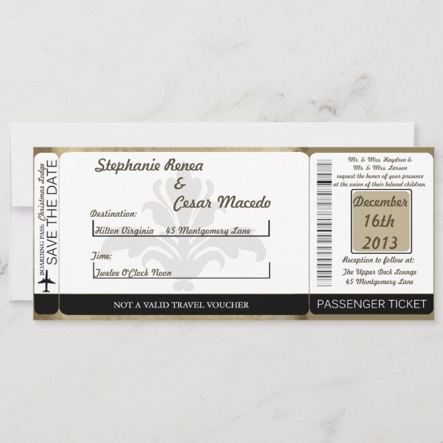 Vintage Brown Boarding Pass Wedding Invitation (Front)