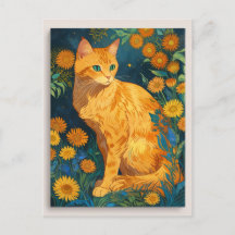Vintage Brown Cat Botanical Blue Portrait Van Gogh