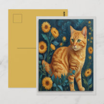 Vintage Brown Cat Botanical Blue Portrait Van Gogh