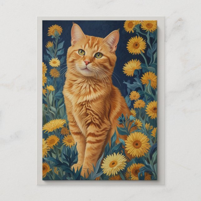 Vintage Brown Cat Botanical Blue Portrait Van Gogh Postcard (Front)