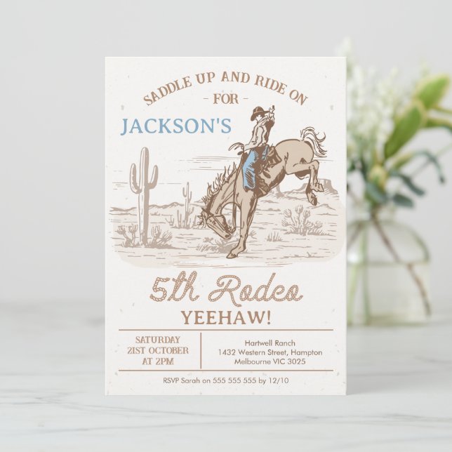 Vintage Brown Cowboy Fifth Rodeo 5th Birthday  Invitation (Standing Front)