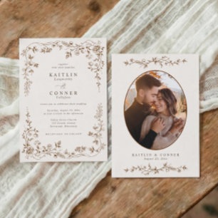 Vintage Brown & Cream French Floral Wedding Photo Invitation