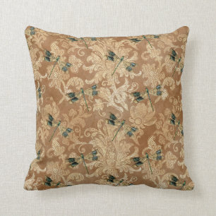 Vintage Brown Damask Floral Green Dragonflies Cushion