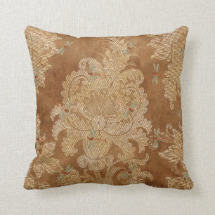Vintage Brown Damask Floral Teal Dragonflies Cushion