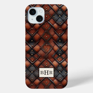 Vintage Brown Diamond Leather Monogrammed iPhone 15 Mini Case