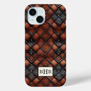 Vintage Brown Diamond Leather Monogrammed iPhone 15 Case