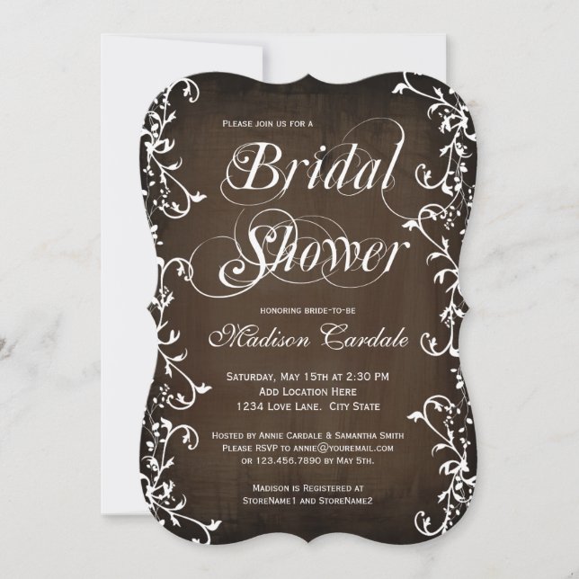 Vintage Brown Elegant Vines Bridal Shower Invite (Front)