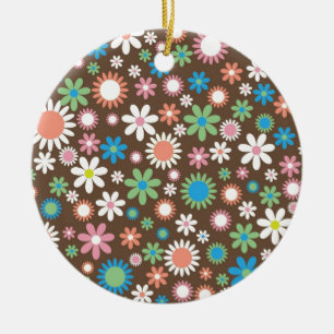 Vintage brown floral daisy retro Spring flowers Ceramic Tree Decoration