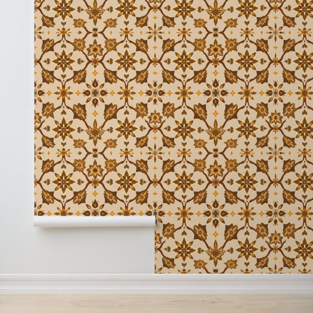 Vintage Brown Floral Mandala Pattern Wallpaper (Application)