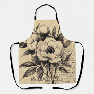 Vintage Brown Floral Sketch Aged Paper Apron