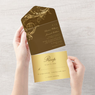 Vintage Brown Gold Damask Calligraphy Wedding All In One Invitation