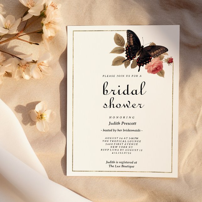 Vintage brown gold pink butterfly Bridal Shower  Invitation (Vintage brown gold pink butterfly Bridal Shower )
