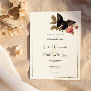 Vintage brown gold pink butterfly floral wedding invitation