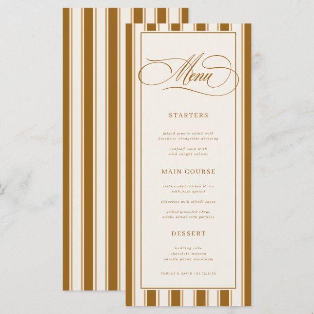 Vintage Brown & Ivory Stripes Classic Wedding Menu (Front/Back)