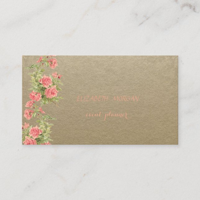 Vintage Brown Kraft Paper,Lace,Roses Business Card (Front)