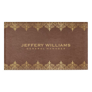 Vintage Brown Leather Gold Floral Frame Name Tag