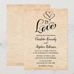 Vintage Brown Love Heart Distressed Grunge Wedding Invitation
