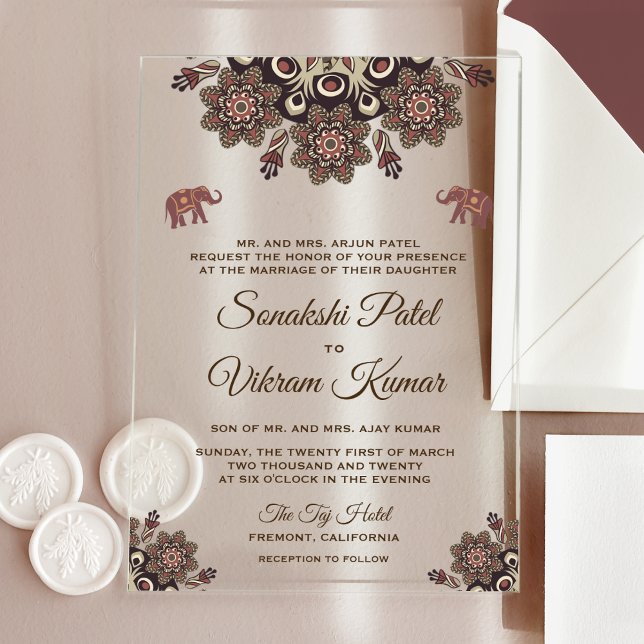 Vintage Brown Motif Indian Wedding Acrylic Invitations (Creator Uploaded)