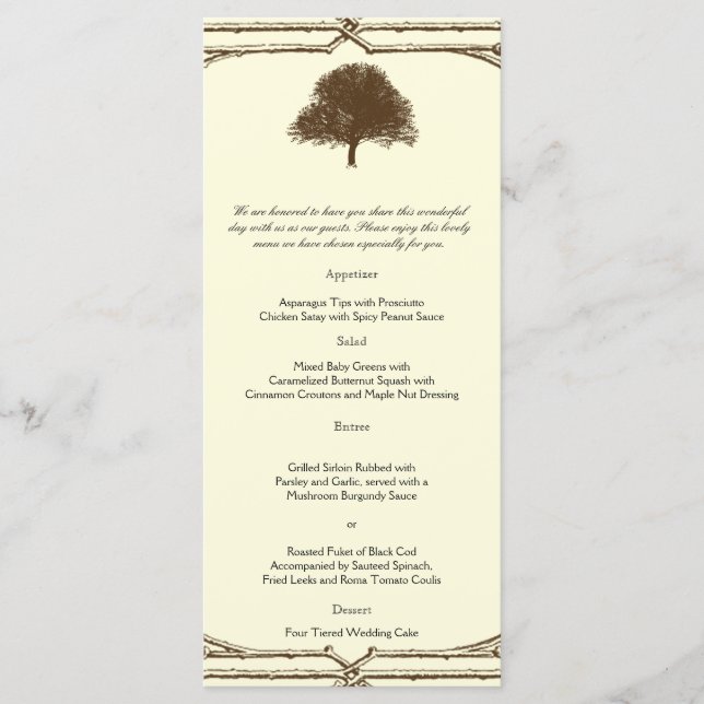 Vintage Brown Oak Tree on Cream Wedding Menu (Front)
