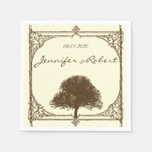 Vintage Brown Oak Tree on Cream Wedding Napkin