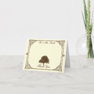 Vintage Brown Oak Tree on Cream Wedding Thank You Card