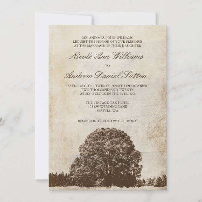 Vintage Brown Oak Tree Wedding Invitations (Front)