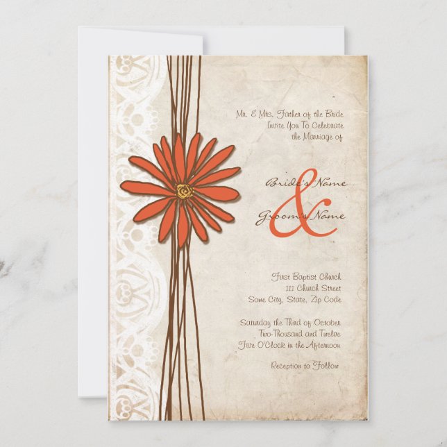 Vintage Brown & Orange Daisy Wedding Invitation (Front)