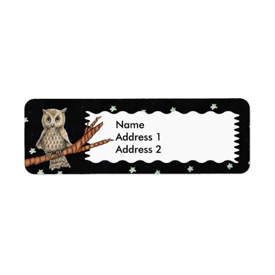 Vintage Brown Owl Blue Necklace Moon Stars Return Address Label