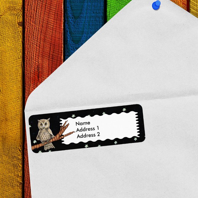 Vintage Brown Owl Necklace Crescent Moon Stars (Pretty owl wearing necklace on a branch on black with white stars return address label.)