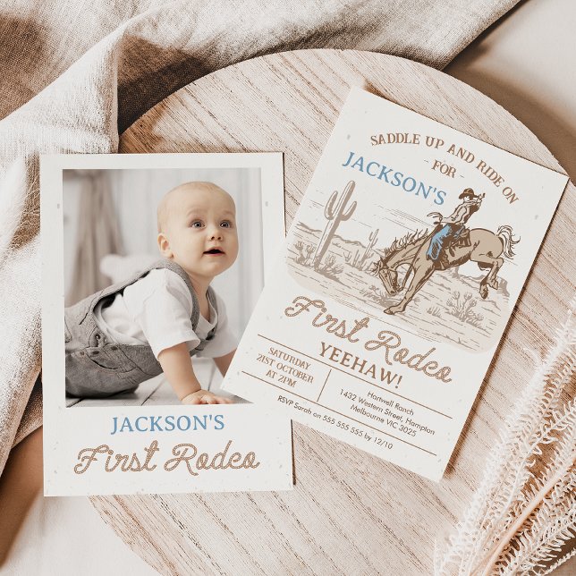 Vintage Brown Photo Cowboy Rodeo 1st Birthday  Invitation (Cowboy 1st Birthday Invitation, Rodeo First Birthday Invitation, Western 1st Birthday Invite, Horse)